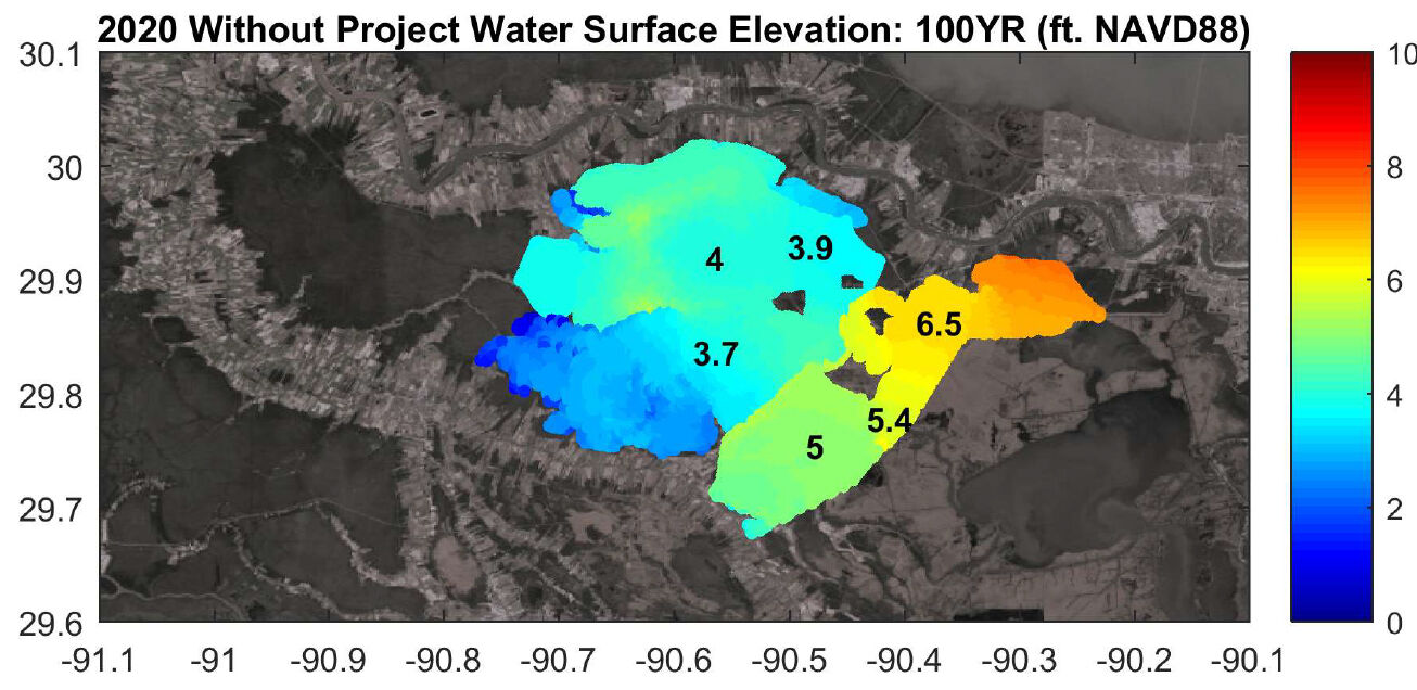100-year surge in 2020 without Upper Barataria levee